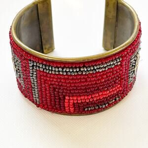 Red Seed Bead Beadwork Geometric Pattern Cuff Bracelet